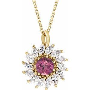 14K Yellow Gold Natural Pink Tourmaline & 5/8 CTW Natural Diamond Halo-Style 16-18" Necklace