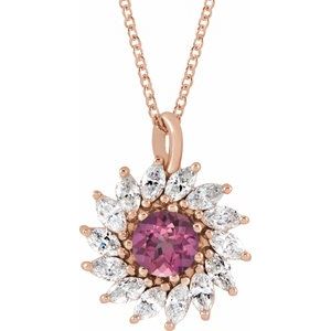 14K Rose Gold Natural Pink Tourmaline & 1/2 CTW Natural Diamond Halo-Style 16-18" Necklace