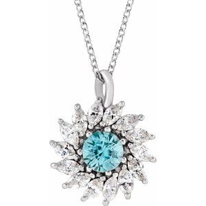 Platinum Natural Blue Zircon & 5/8 CTW Natural Diamond Halo-Style 16-18" Necklace