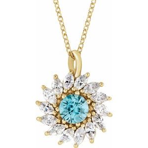 14K Yellow Gold Natural Blue Zircon & 1/2 CTW Natural Diamond Halo-Style 16-18" Necklace