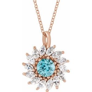 14K Rose Gold Natural Blue Zircon & 1/2 CTW Natural Diamond Halo-Style 16-18" Necklace