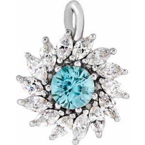 Sterling Silver Natural Blue Zircon & 5/8 CTW Natural Diamond Halo-Style Pendant