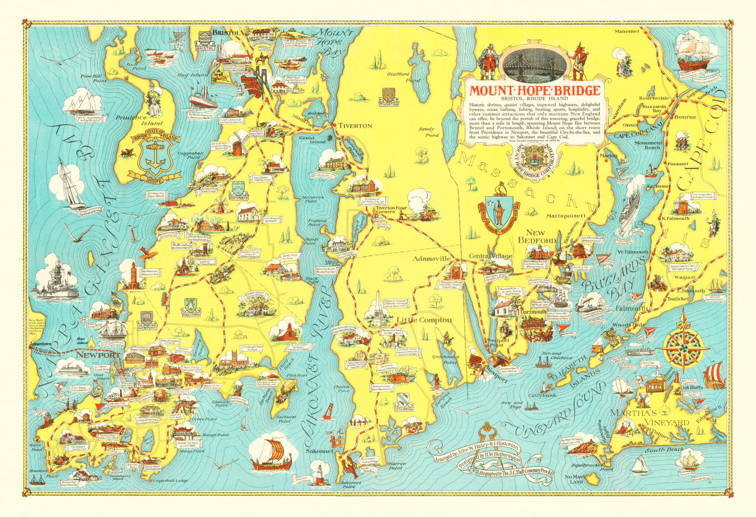 Vintage Pictorial Map of Mount Hope Bridge, RI 1933