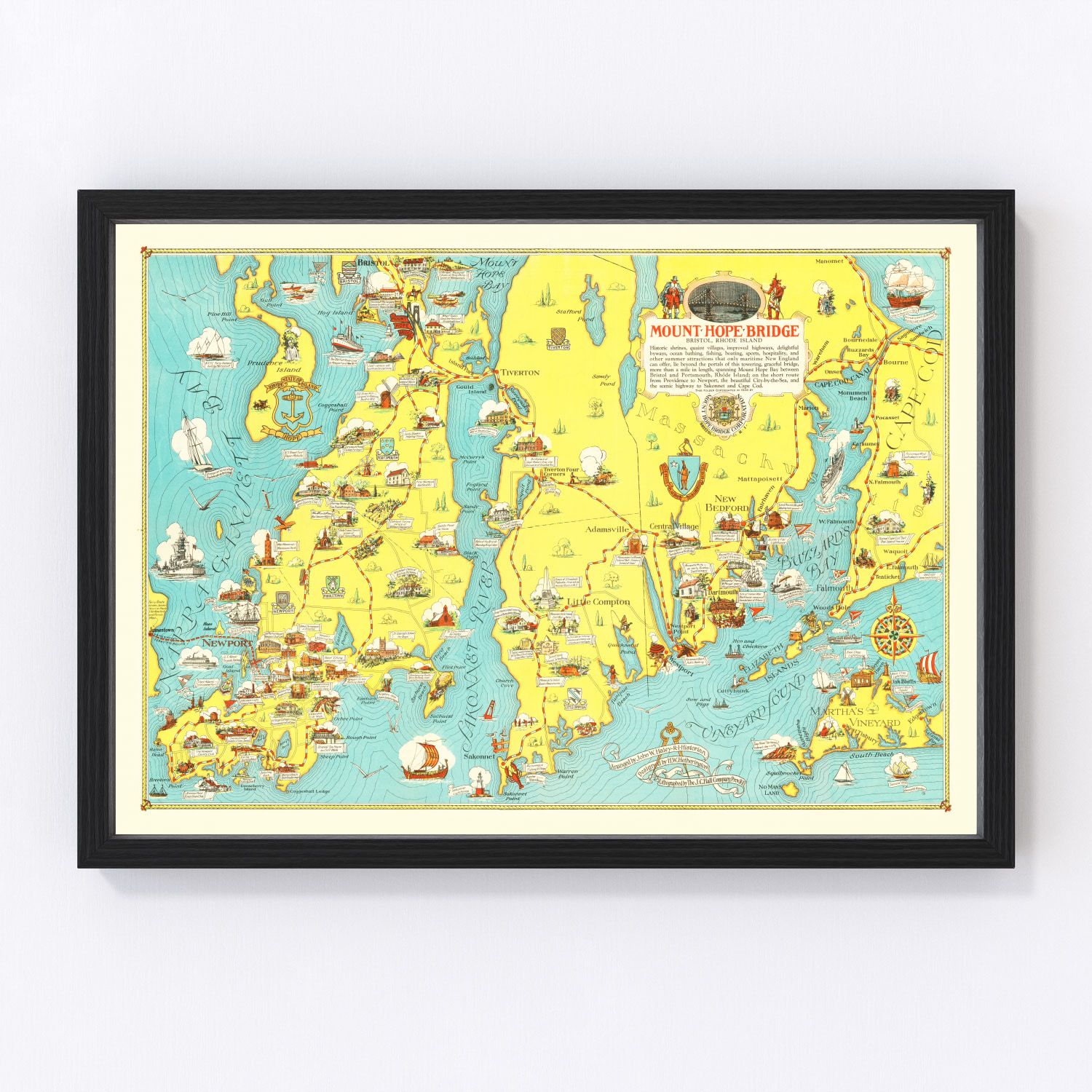 Vintage Pictorial Map of Mount Hope Bridge, RI 1933