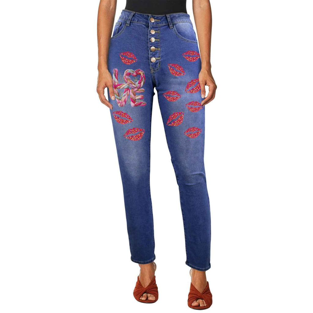 Women's Yarn Love and Red Lips Decorated Jeans with Front Printing