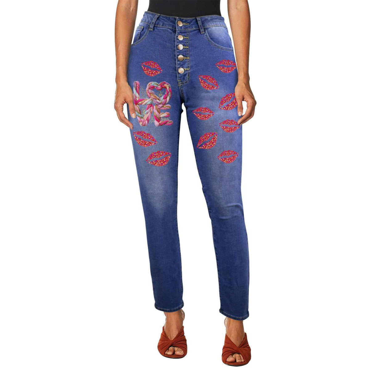 Women's Yarn Love and Red Lips Decorated Jeans with Front Printing