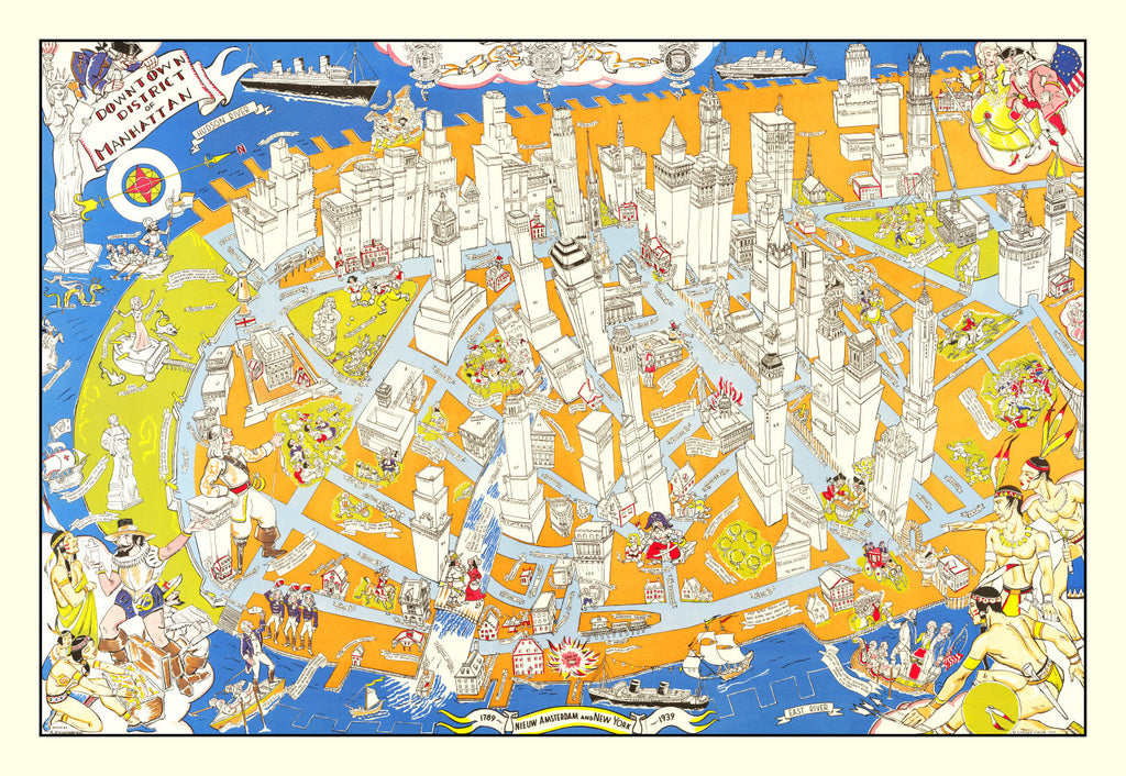 Vintage Pictorial Map of Downtown Manhattan, NY 1938