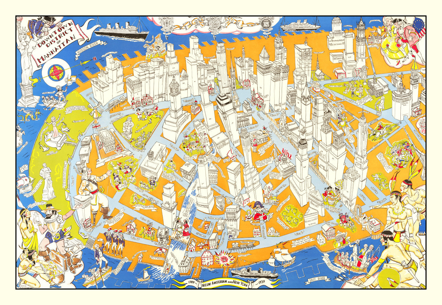 Vintage Pictorial Map of Downtown Manhattan, NY 1938