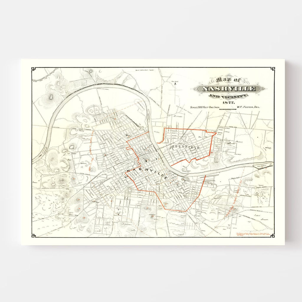 Vintage Map of Nashville, Tennessee 1879