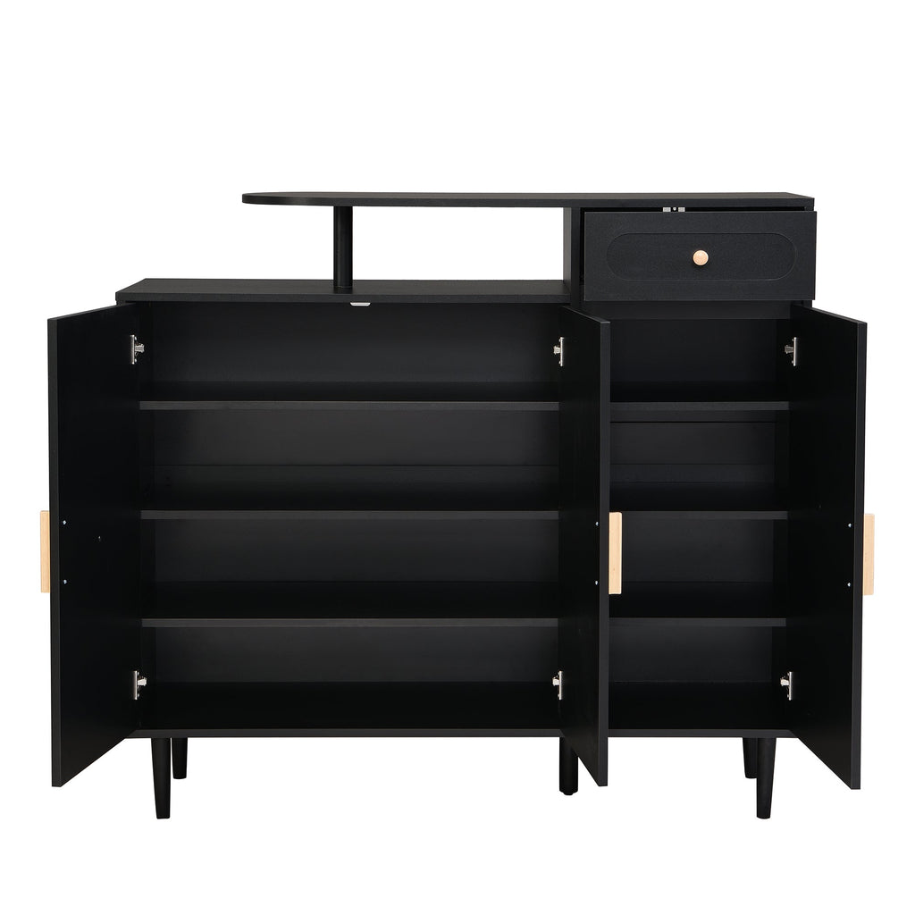 ON-TREND Elegant Shoe Cabinet with Arched Doors and Drawer, Cream Style Storage Sideboard with Adjustable Shelves and Solid Wood Legs for Entryway, Living Room, Black