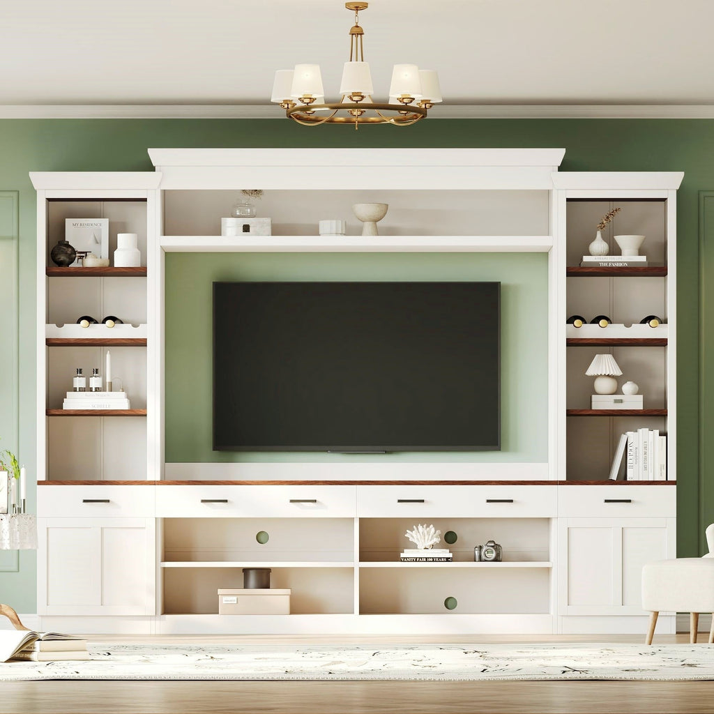 ON-TREND Farmhouse 4-Piece Entertainment Wall Unit Set with Bookshelf for TVs Up to 70', Walnut TV Stand with Adjustable Shelves, Mid-Century Large Media Console with Wine Rack for Living Room, White