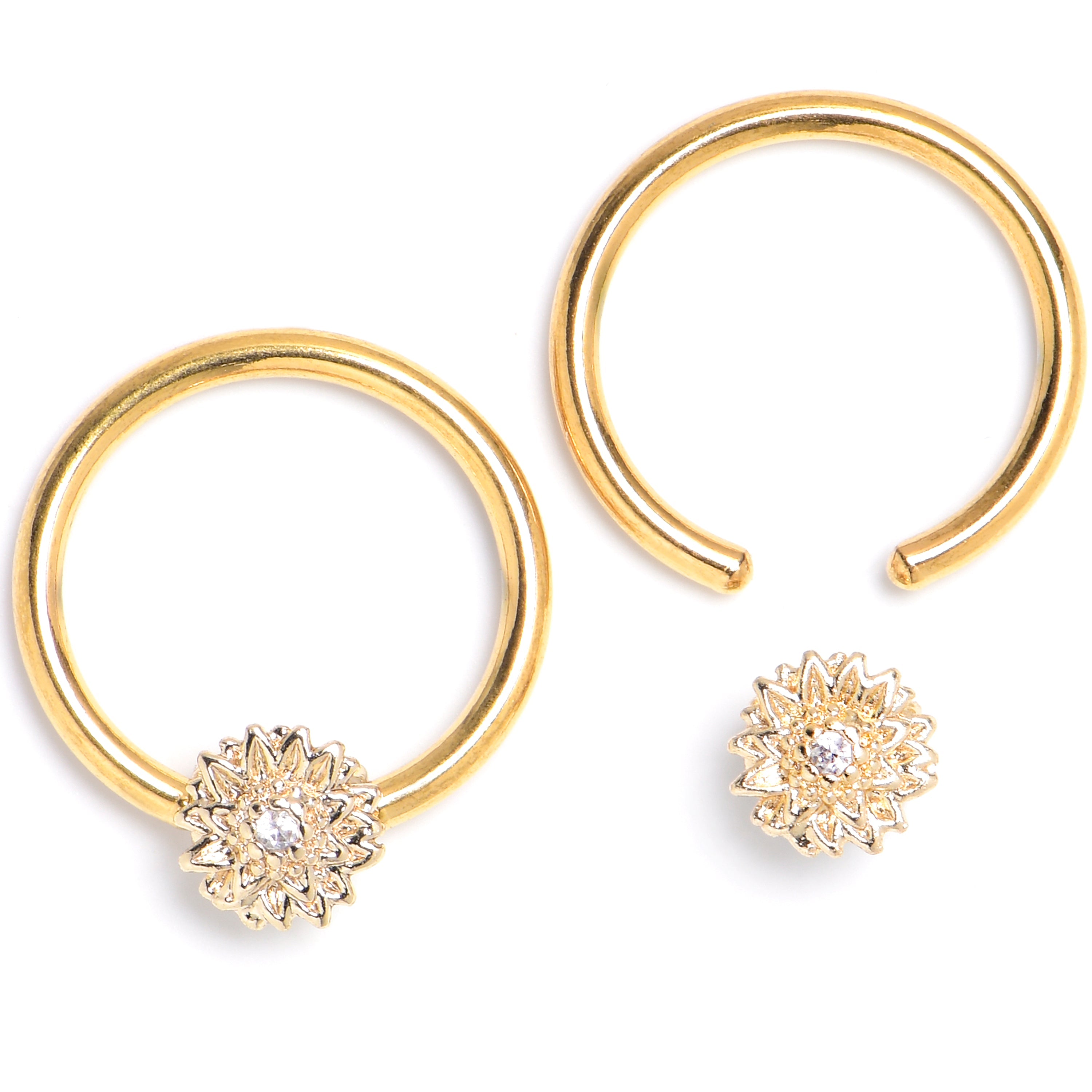 16G 3/8 Clear Gem Gold Tone Tiny Flower BCR Captive Ring Set of 4