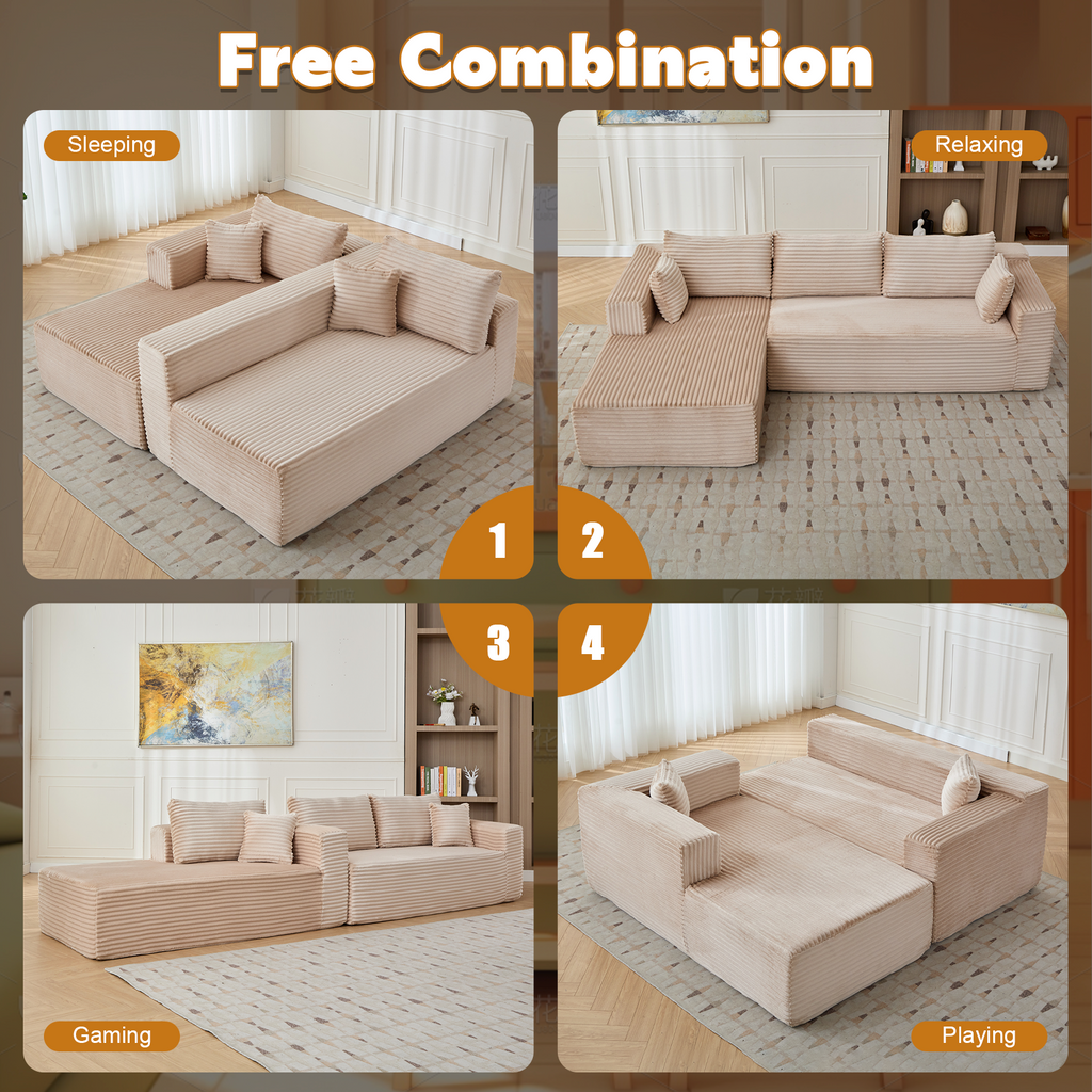 Compression Sectional Couch with Comfy Chaise, Boneless L Shape Sofa with Deep Seat, Minimalist Modular Couches Sleeper for Living Room Bedroom Apartment Lounge,corduroy,Beige