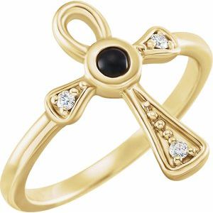 14K Yellow Gold Natural Black Onyx & .04 CTW Natural Diamond Ankh Cross Ring