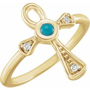 14K Yellow Gold Natural Turquoise & .04 CTW Natural Diamond Ankh Cross Ring