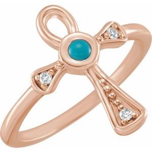 14K Rose Gold Natural Turquoise & .04 CTW Natural Diamond Ankh Cross Ring