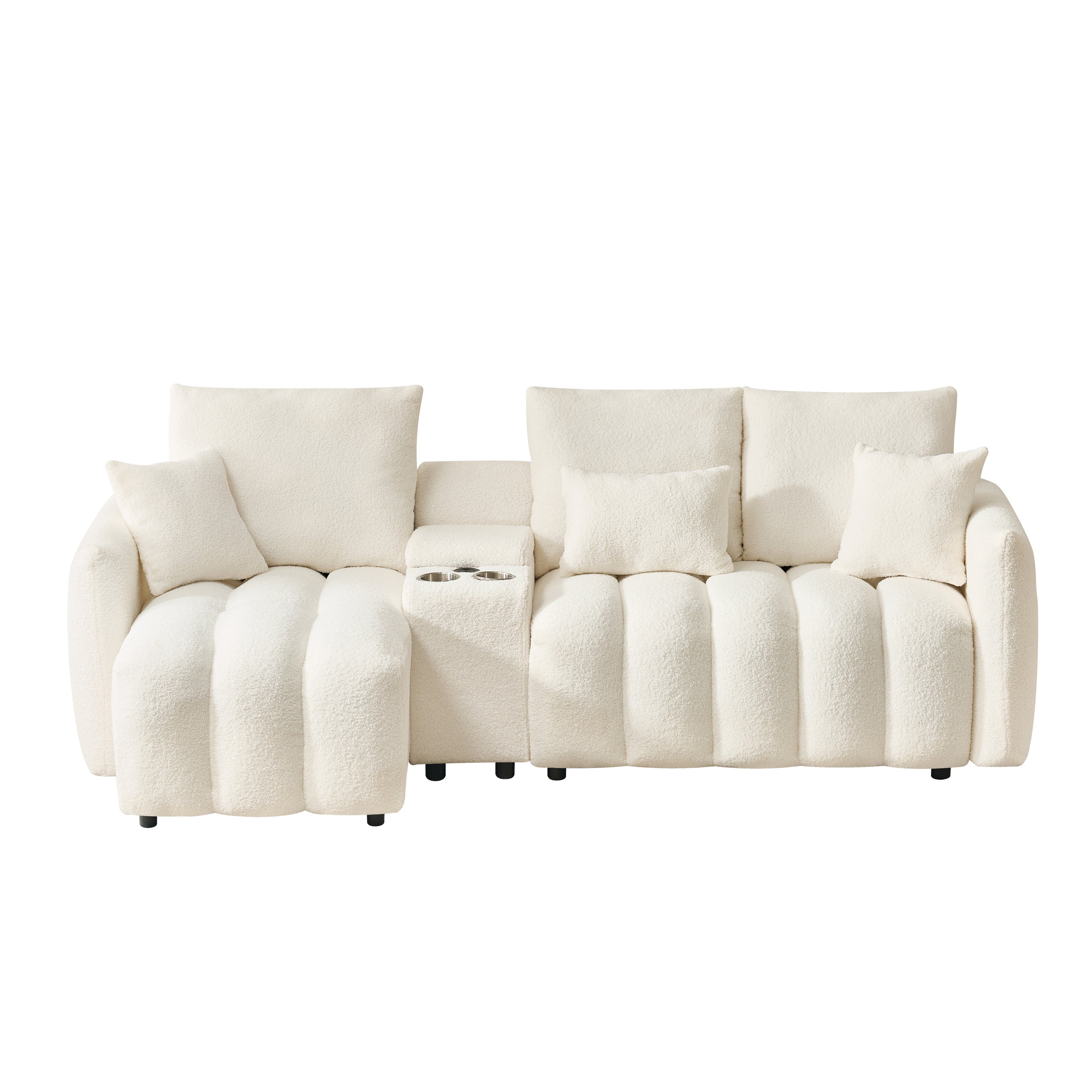 92-inch high-quality teddy fur fabric corner sofa, with USB port, center console and coffee table. A super large cushioned sofa, suitable for grand living rooms, apartments and offices.