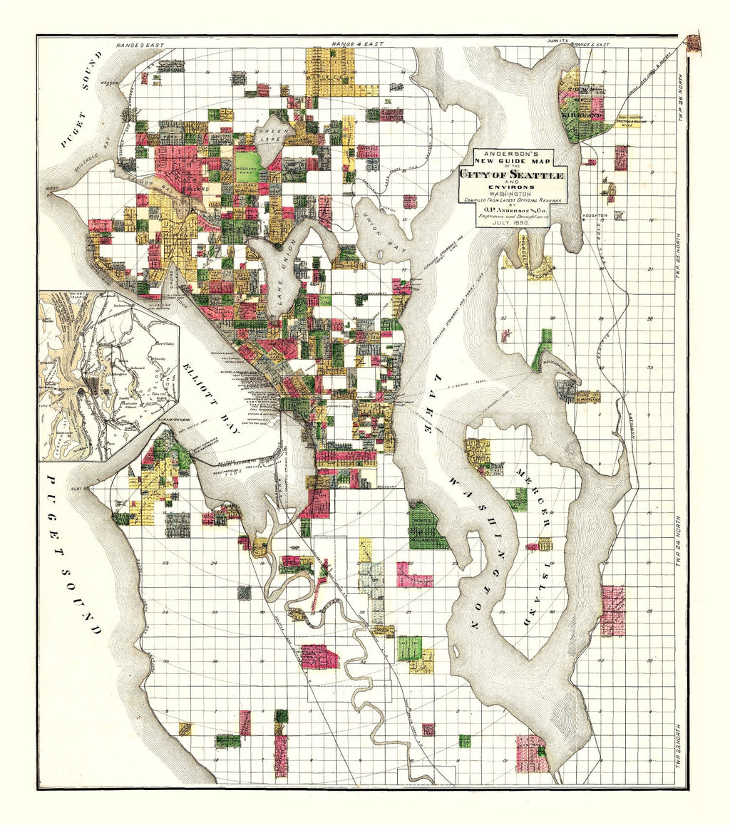 Vintage Map of Seattle, Washington 1890