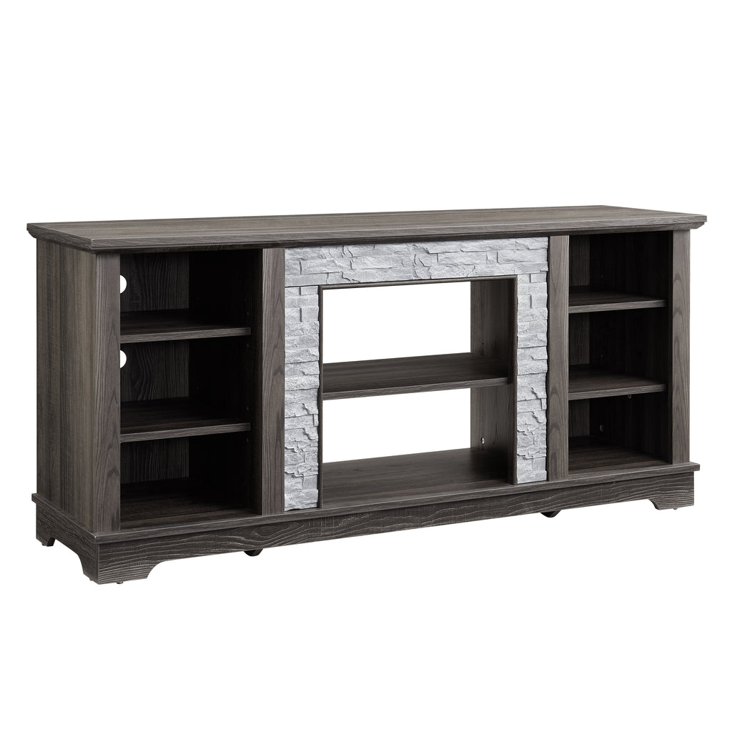 Mantel Stone TV Media Stand with with Faux Stacked Stone Surround, Modern Entertainment Console with Open Storage Space,Grey, 58.31'W*15.39'D*26.06'H