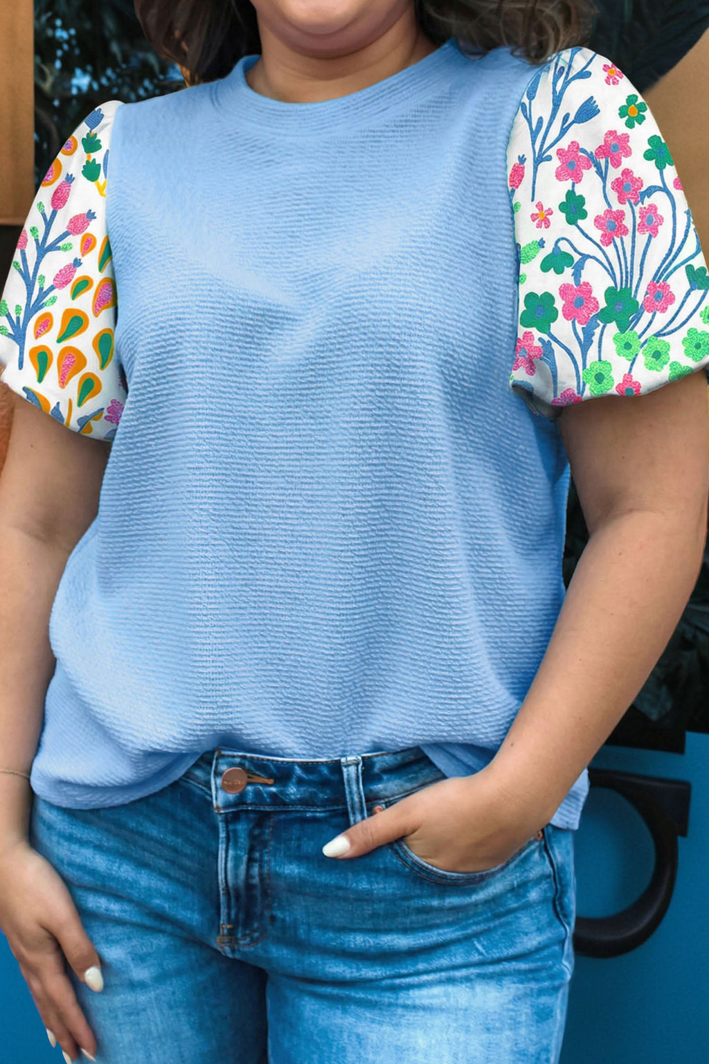 Plus Size Floral Patchwork Puff Sleeve Textured Top