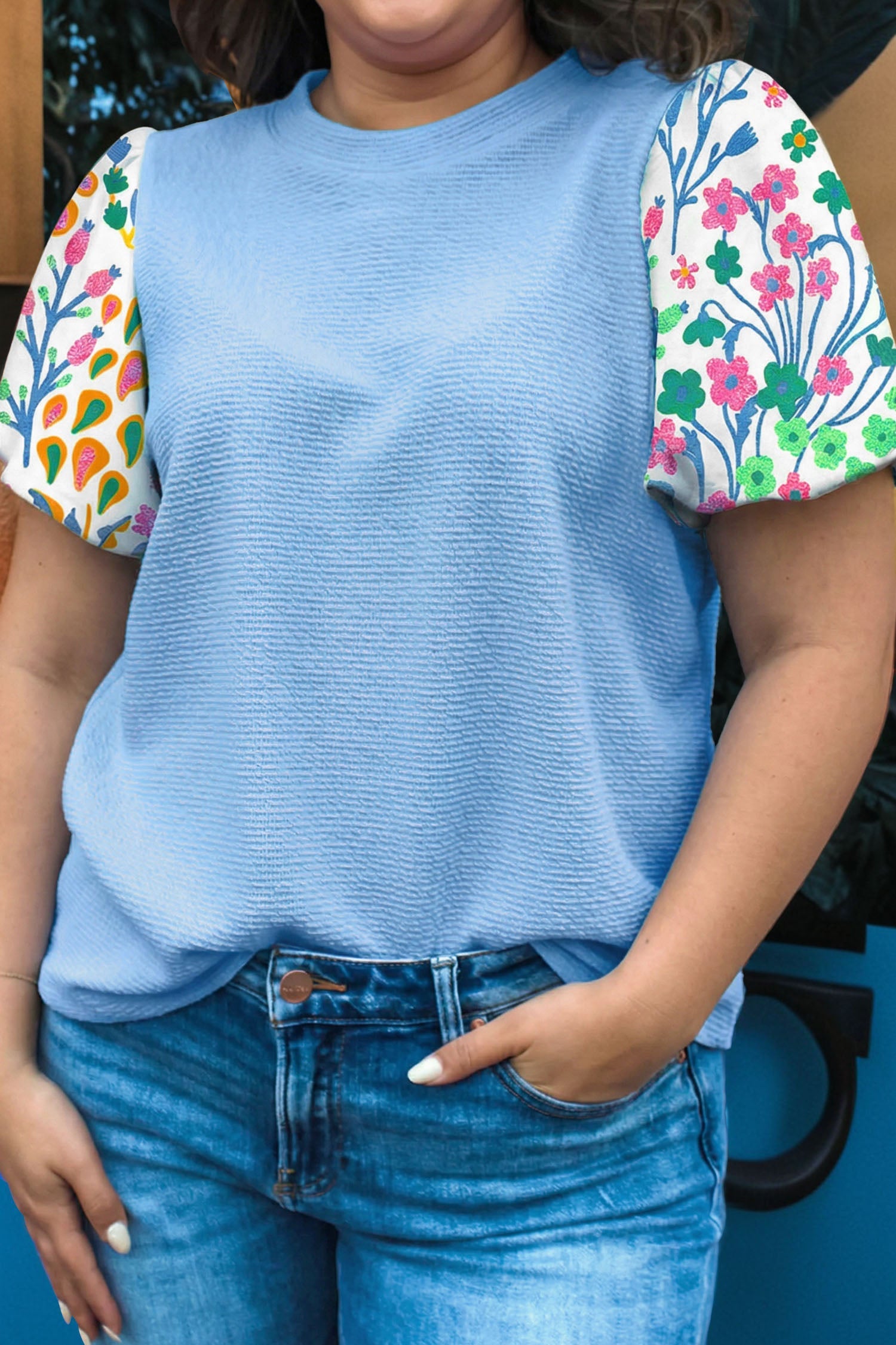 Plus Size Floral Patchwork Puff Sleeve Textured Top