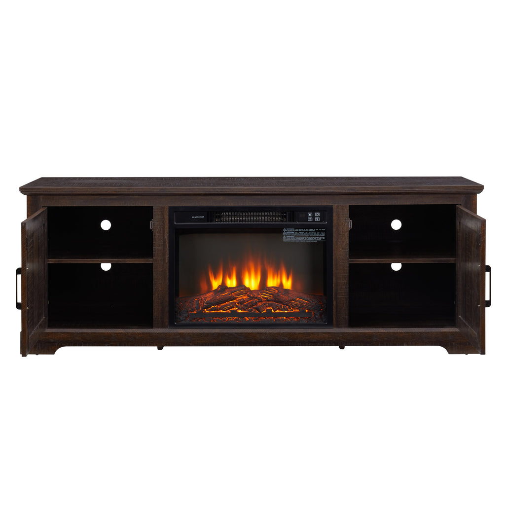 Natural Rattan Door Cabinet with Adjustable Shelf Wood, Farmhouse Rattan TV Stand Console Table for TVs up to 70 Inches, Storage tv stand with 23' fireplace insert, 65'W*15.55'D*23.86'H, Espresso