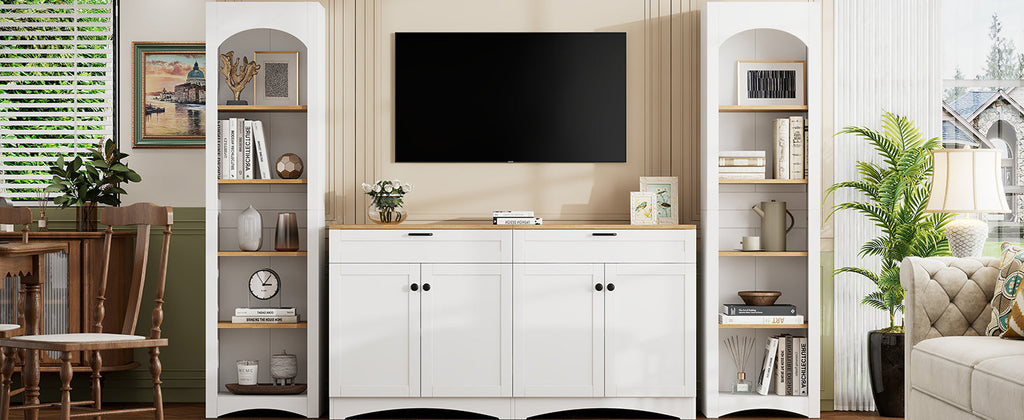 ON-TREND 3-Piece Farmhouse Entertainment Center with Storage Cabinet for TVs Up to 70', Mid-Century TV Stand with Bookshelf, Rustic Versatile Sideboard with Adjustable Shelves for Living Room, White