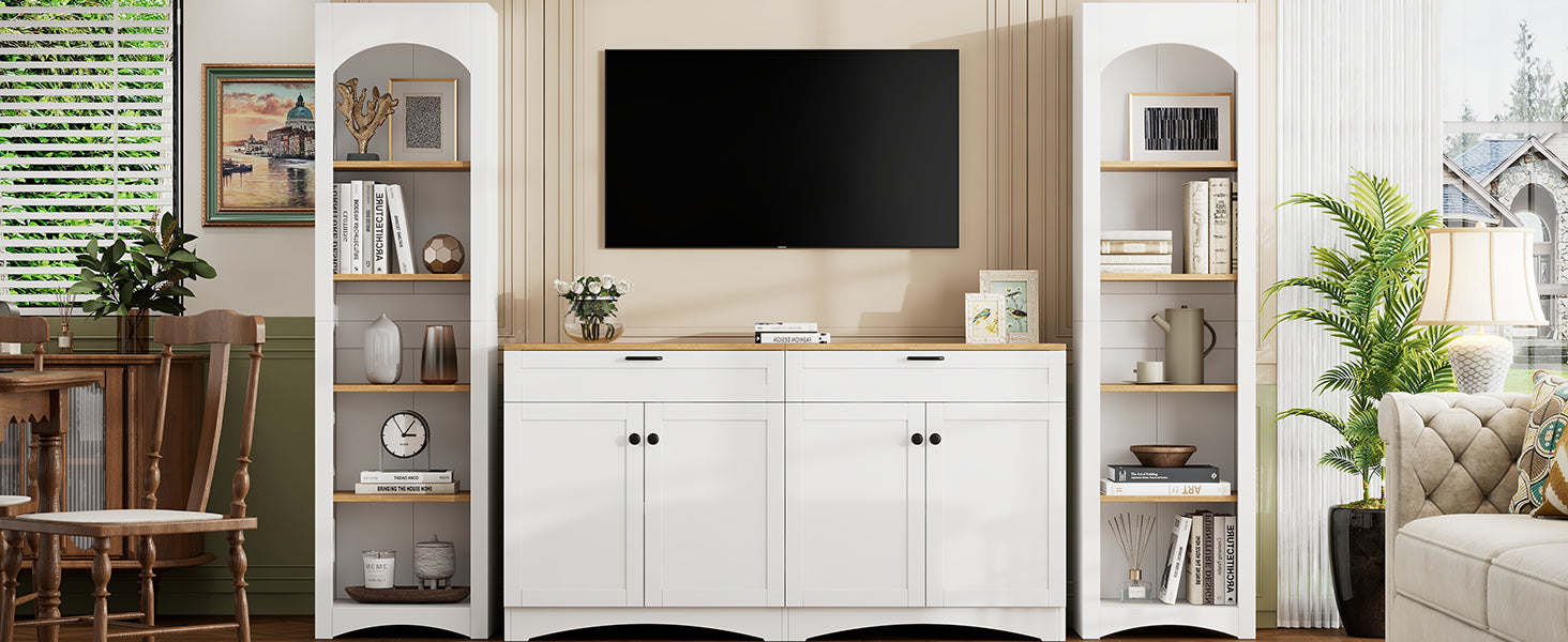 ON-TREND 3-Piece Farmhouse Entertainment Center with Storage Cabinet for TVs Up to 70', Mid-Century TV Stand with Bookshelf, Rustic Versatile Sideboard with Adjustable Shelves for Living Room, White