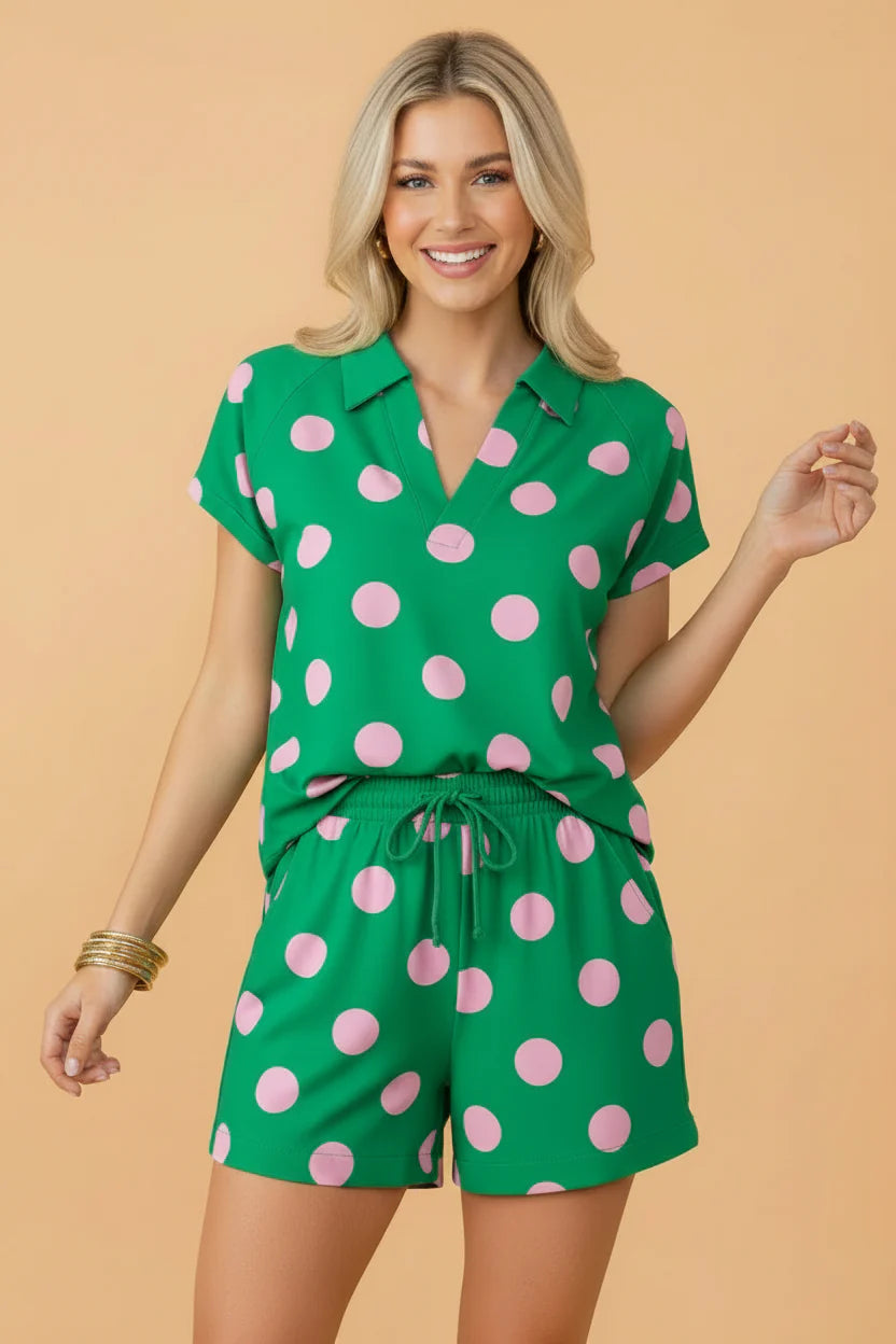 Polka Dot V-Neck Tee & Drawstring Shorts Set