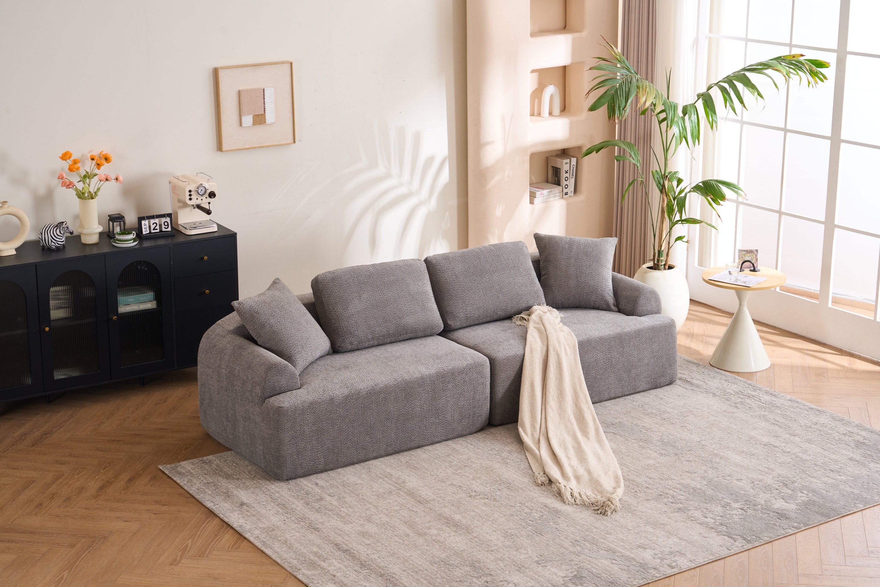 LY-024GY COMPRESSION SOFA: 4-seater combined sofa, Crochet Yarn Fabric, full sponge compression sofa,combined sofa with 4 pillows for home living/ Home Furniture/ Apartment/Office/House