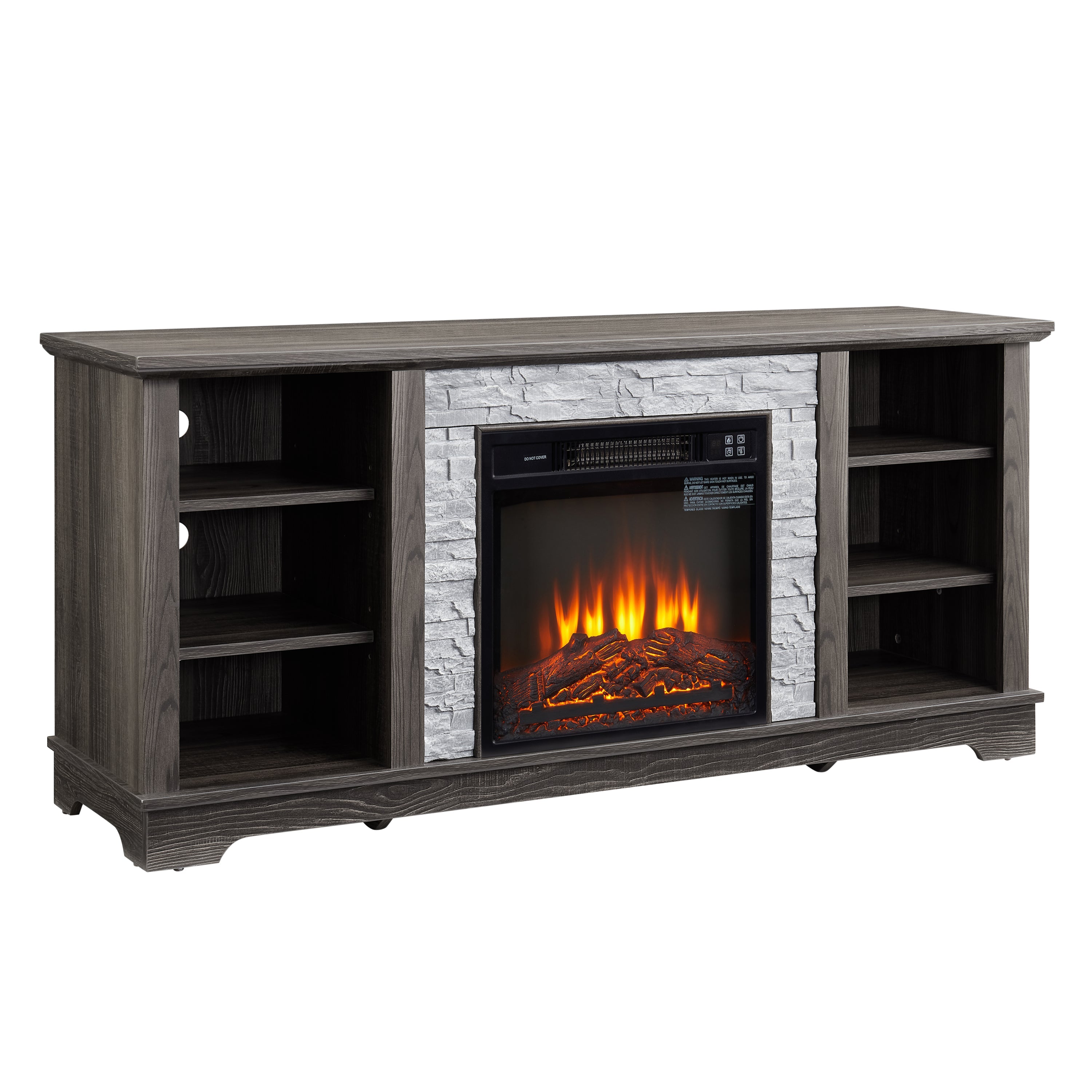 Mantel Electric Fireplace Stone TV Media Stand with Faux Stacked Stone Surround, Modern Entertainment Console with Open Storage Space with 18' Fireplace Insert ,Grey, 58.31'W*15.39'D*26.06'H