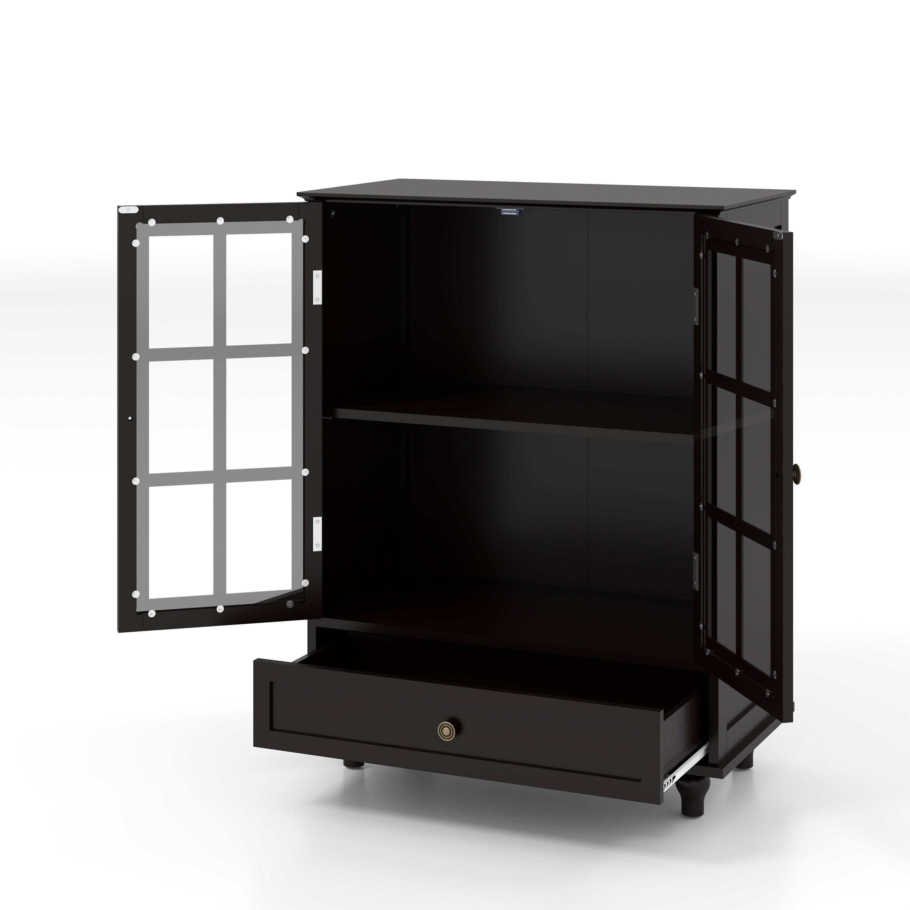 Minimalist Buffet Cabinet with Double Glass Doors and Drawer, Modern Wooden Storage Sideboard in Black