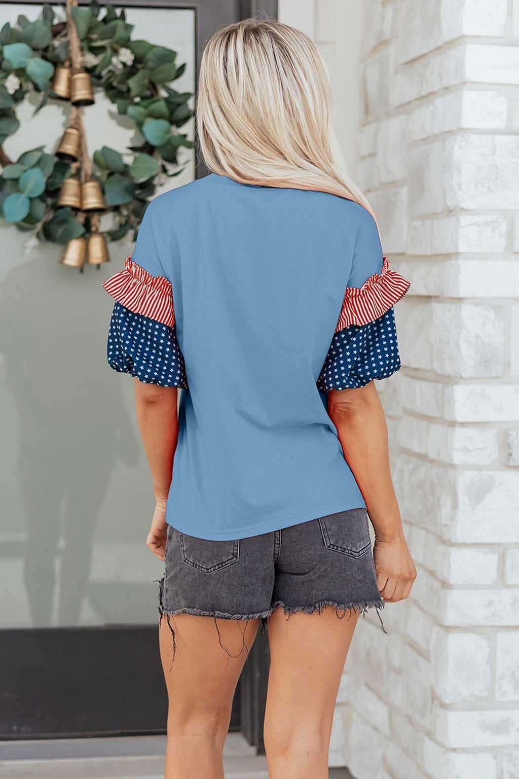 Stars & Stripe Patchwork Short Puff Sleeve Top