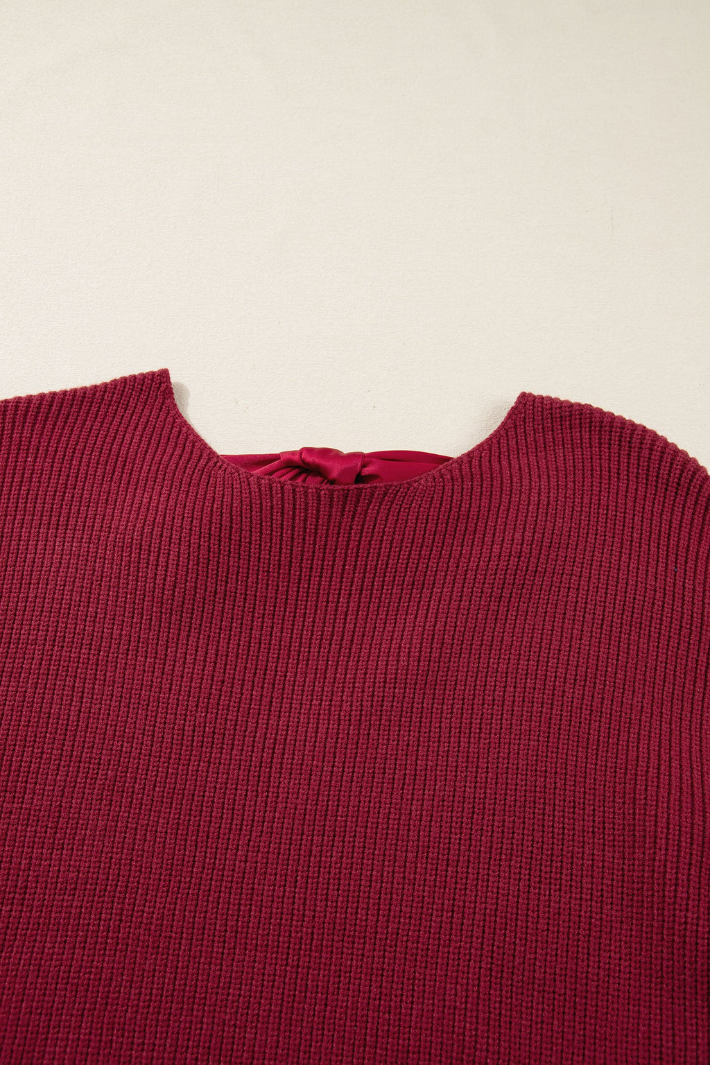 Ribbon Knot Backless Drop Shoulder Ribbed Sweater