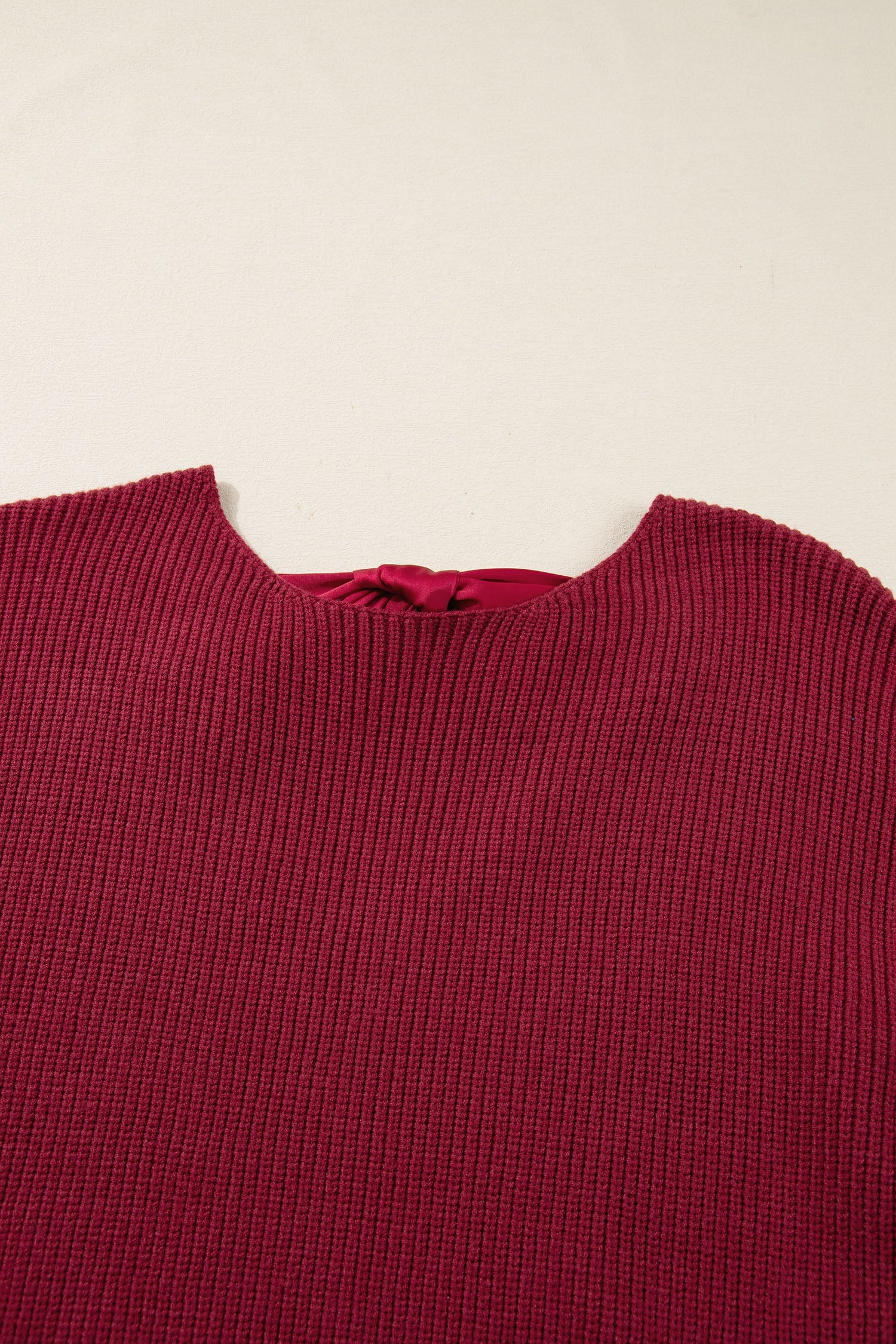 Ribbon Knot Backless Drop Shoulder Ribbed Sweater