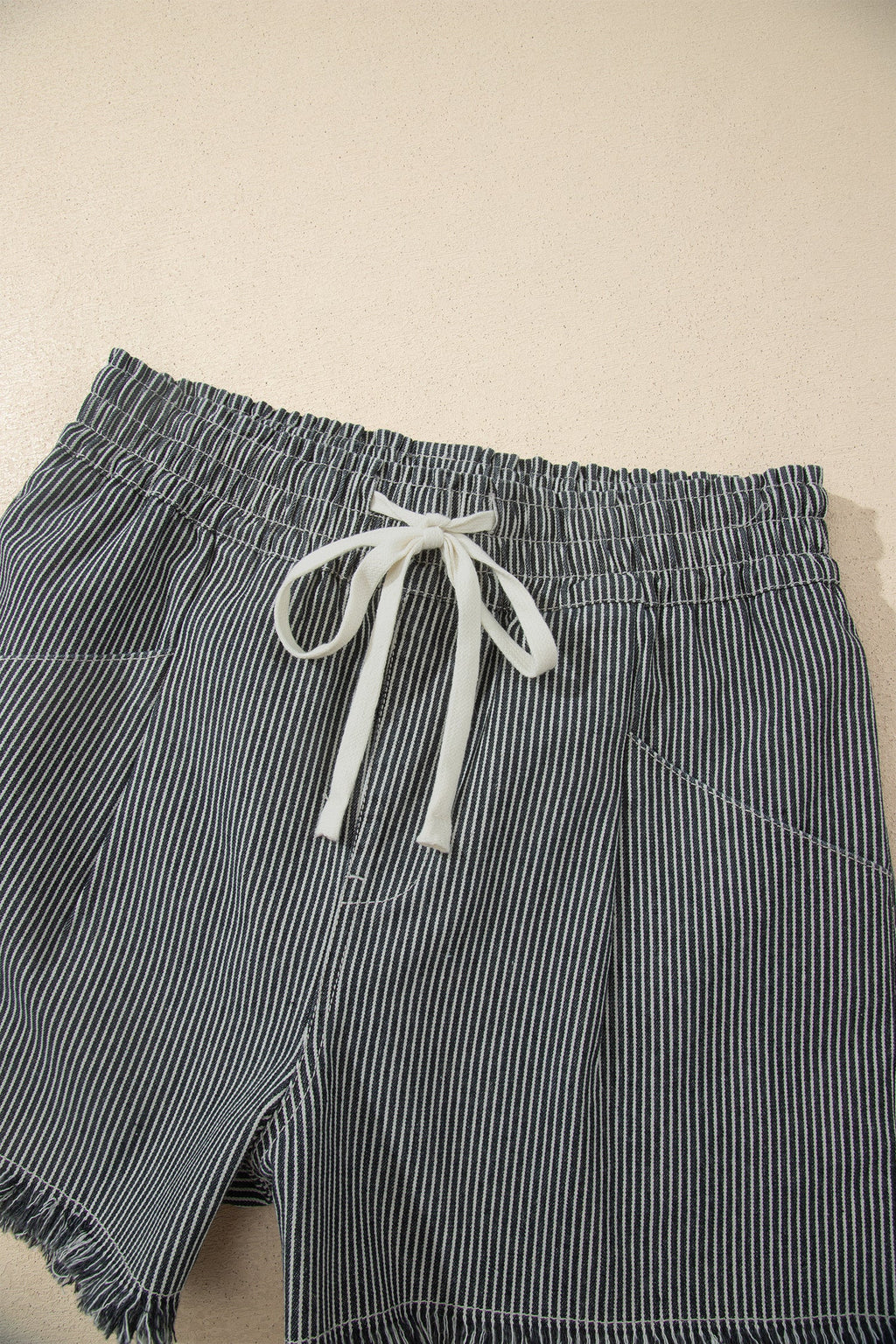 Stripe Denim Raw Edge Drawstring Waist Shorts