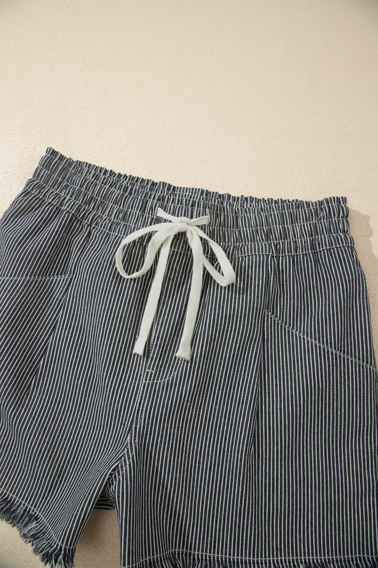 Stripe Denim Raw Edge Drawstring Waist Shorts
