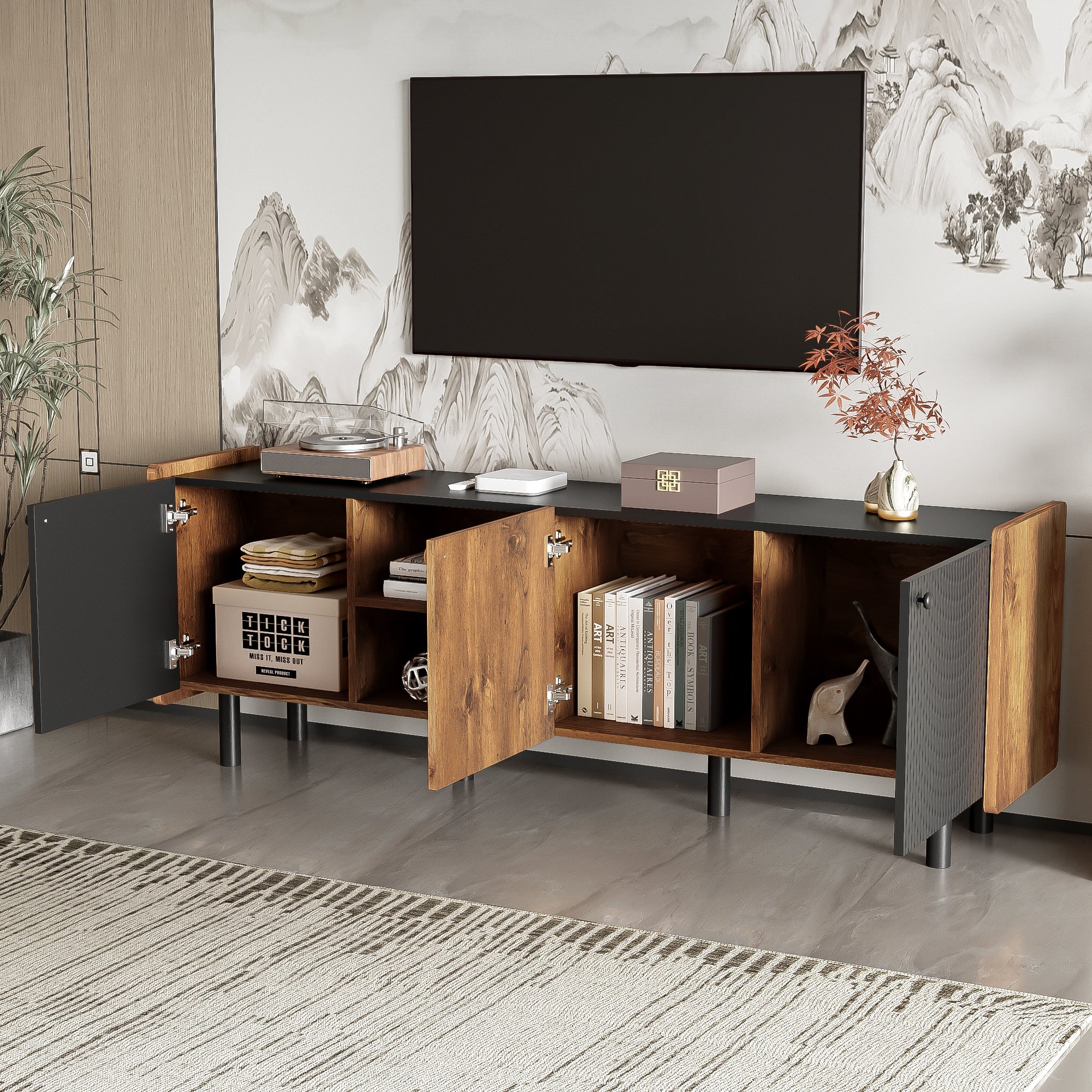 Mid Century TV Stand with 3 Cabinets, Media Console Table for TVs up to 70'', Entertainment Center with Storage for Living room, Bedroom, Black Color Top Panel & Handle
