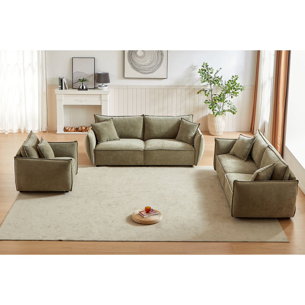 3-Seater + 3-Seater + 1-Seater Combo Sofa Modern Living Room Sofa, Linen Fabric Sofa, Wooden Frame with 5 Pillows, Apartment Sofa Furniture