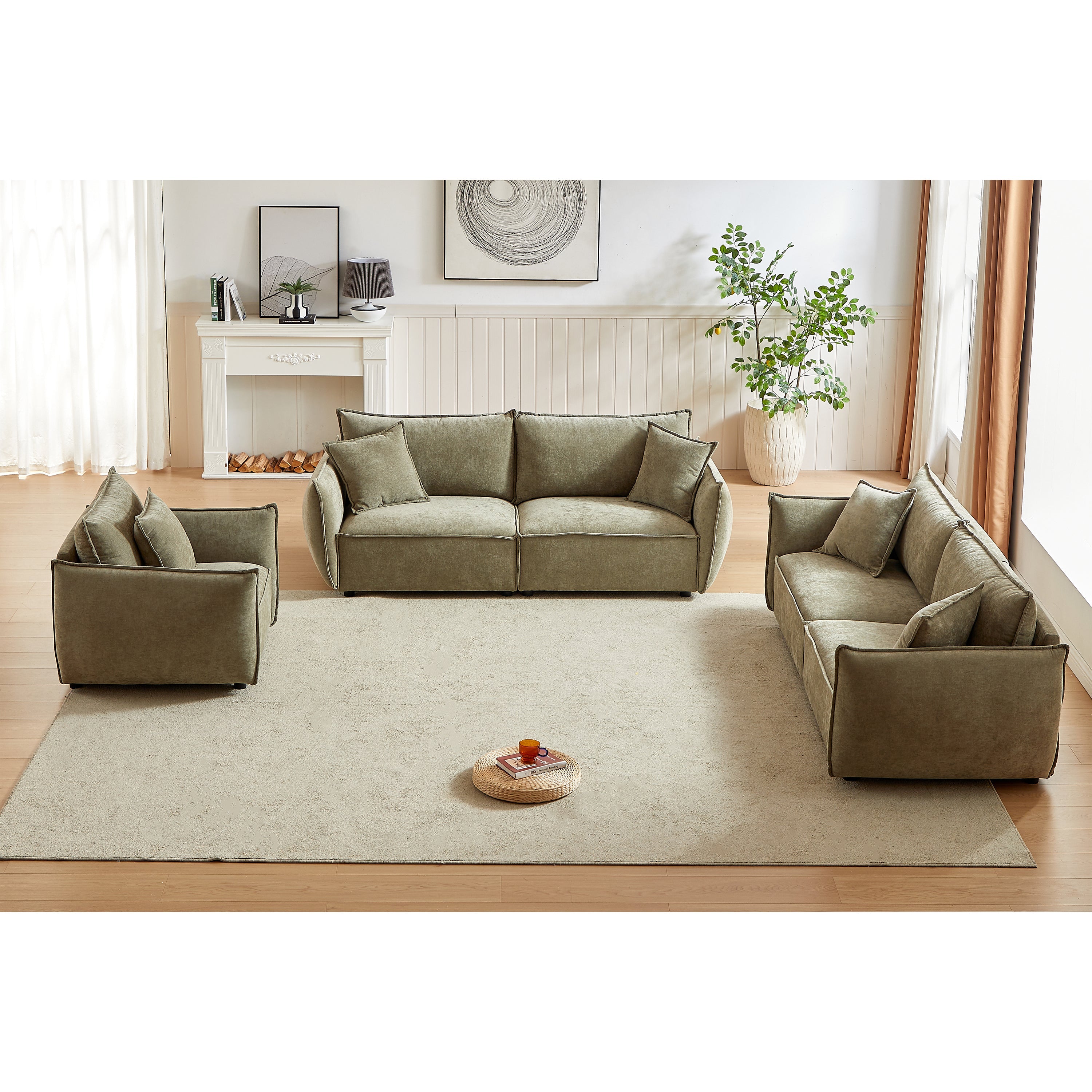 3-Seater + 3-Seater + 1-Seater Combo Sofa Modern Living Room Sofa, Linen Fabric Sofa, Wooden Frame with 5 Pillows, Apartment Sofa Furniture