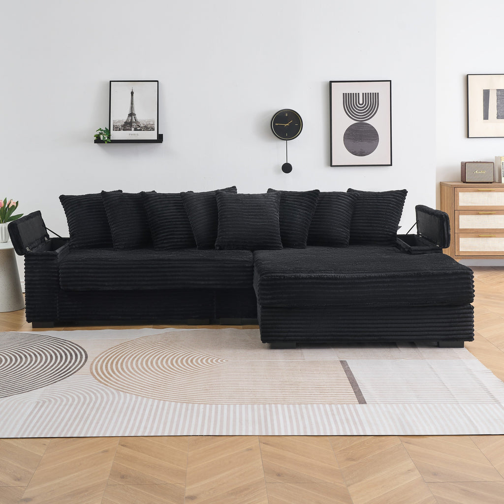 111.4 ' Black corduroy sofa, armrest with cup holder and storage function, recliner can be changed left and right, suitable for living room bedroom lounge area