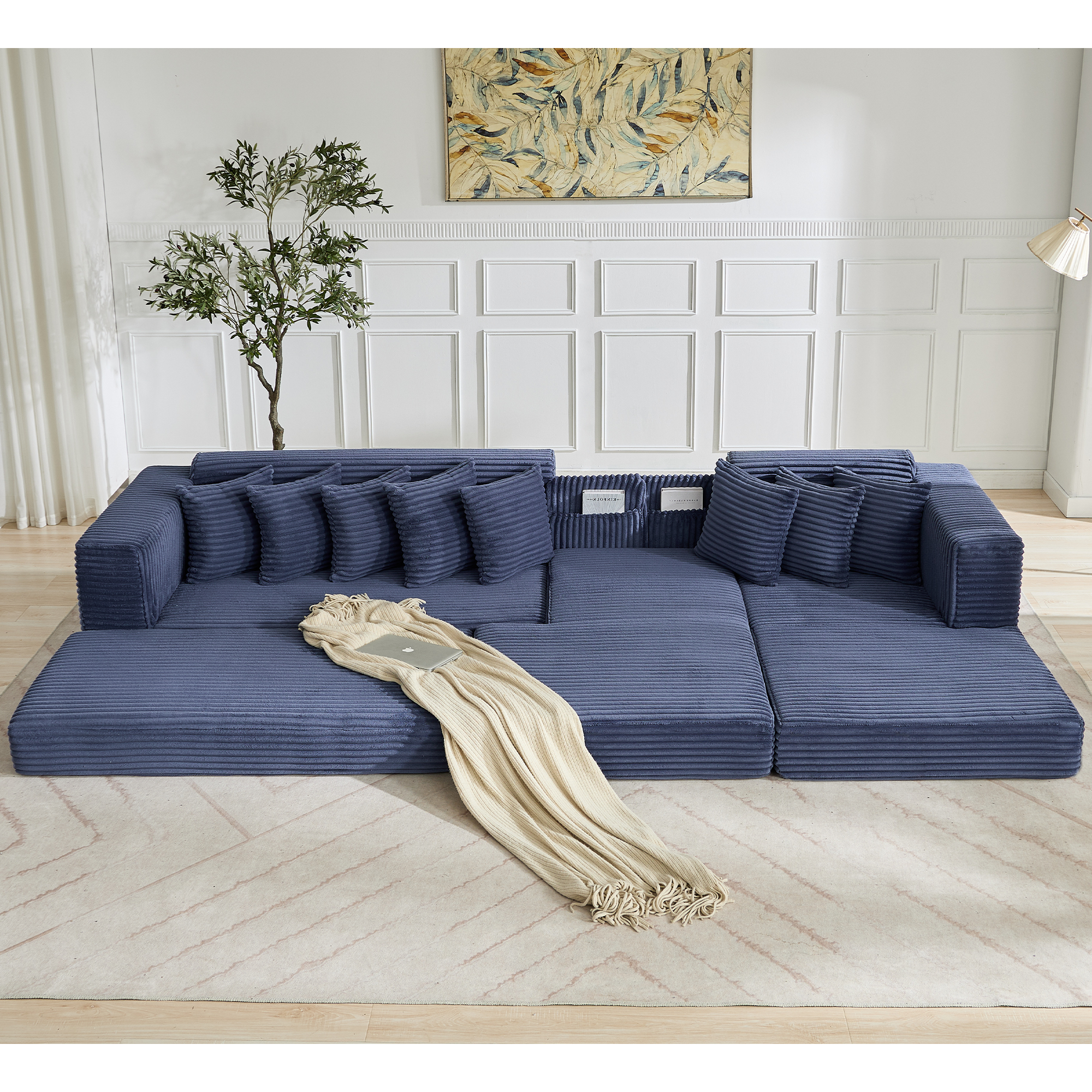 [NEW ARRIVED] [VIDEO PROVIDED] Oversize Cloud Sectional Couch, L-Shape Sofa, Convertible Floor Sleeper Sofa Bed, No Assembly ,Eight pillows,3-in-1,Magazine bag,(Right Facing Sofa),3 Seat,Corduroy,Blue
