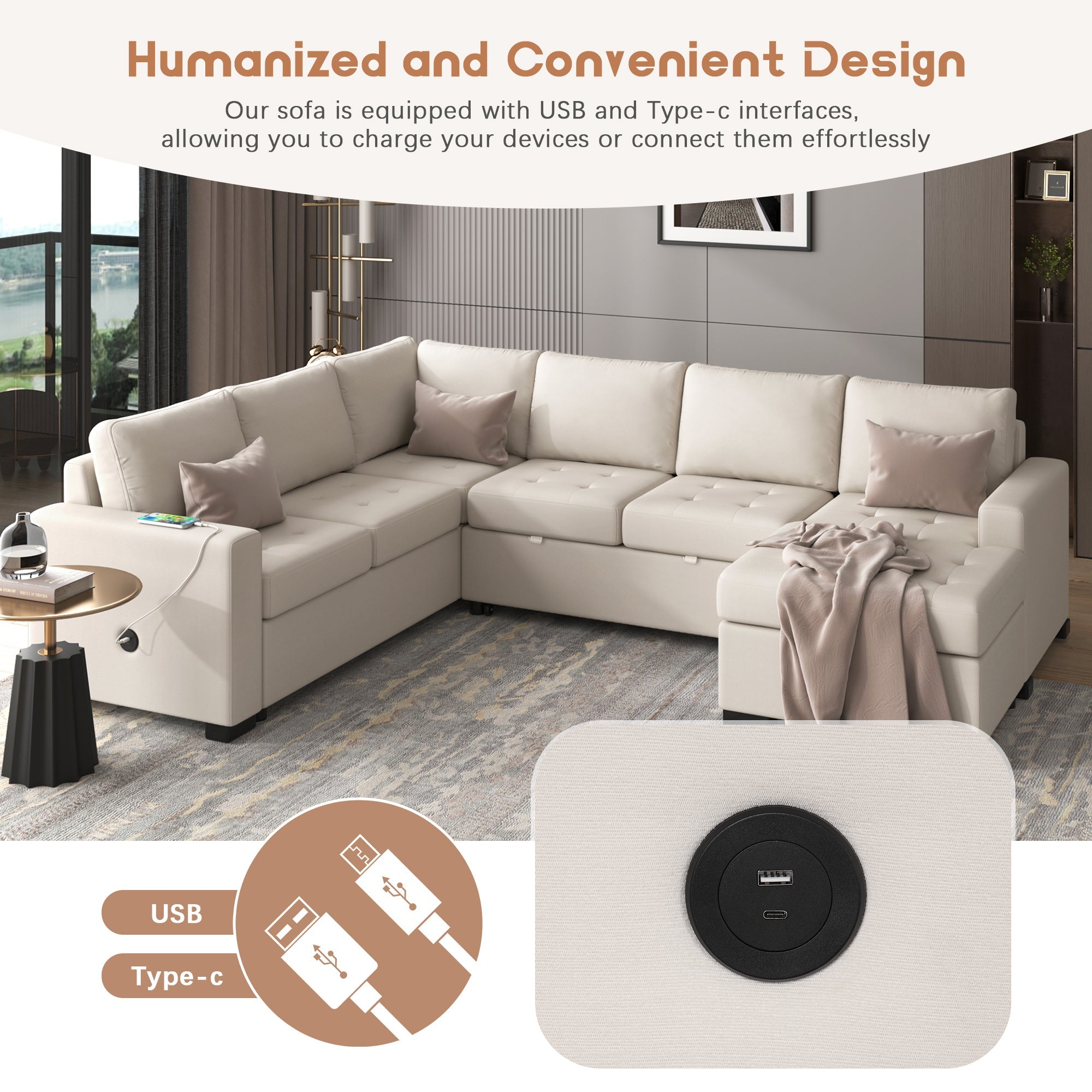 U_Style Sectional Sleeper Sofa with Pull-out Bed and Lounge Chair, USB and Type-C Interfaces, Suitable for Living Room, Office, and Spacious Spaces