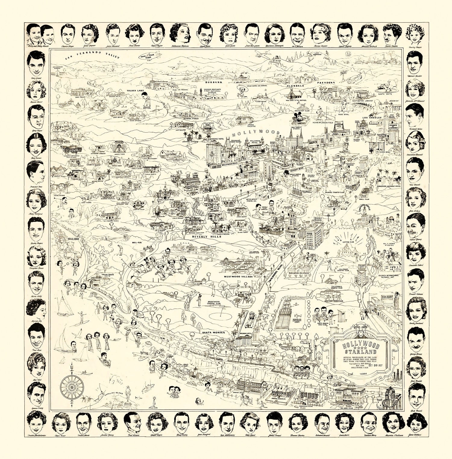 Vintage Los Angeles Movie Star Map 1937