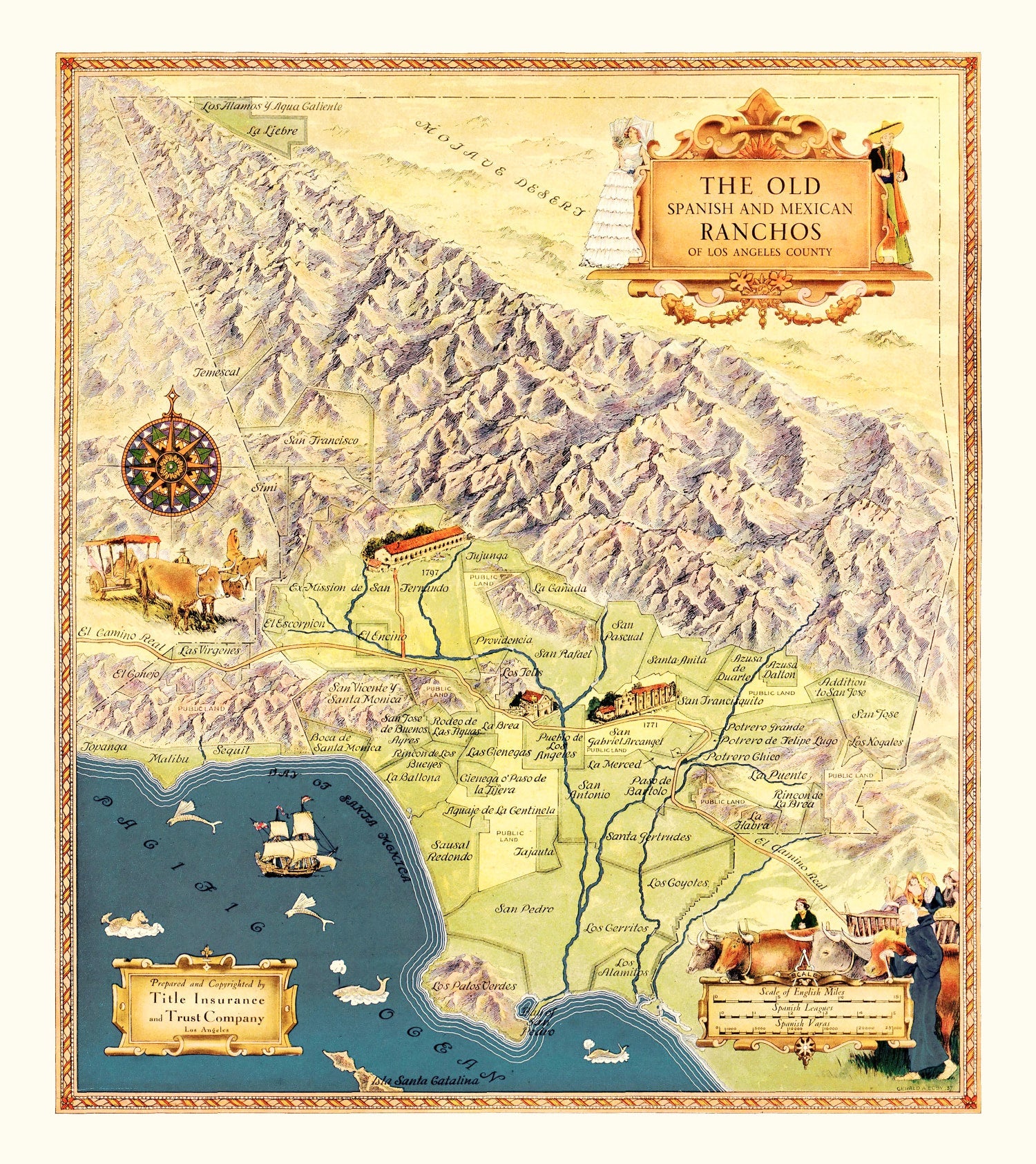 Vintage Map of Los Angeles County, California 1937