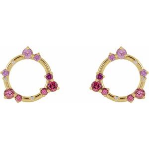 14K Yellow Gold Natural Pink Multi-Gemstone & .03 CTW Natural Diamond Circle Earrings – image 2