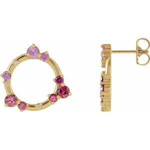 14K Yellow Gold Natural Pink Multi-Gemstone & .03 CTW Natural Diamond Circle Earrings
