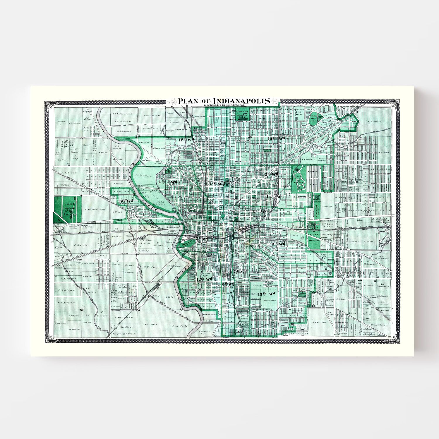 Vintage Map of Indianapolis, Indiana 1876