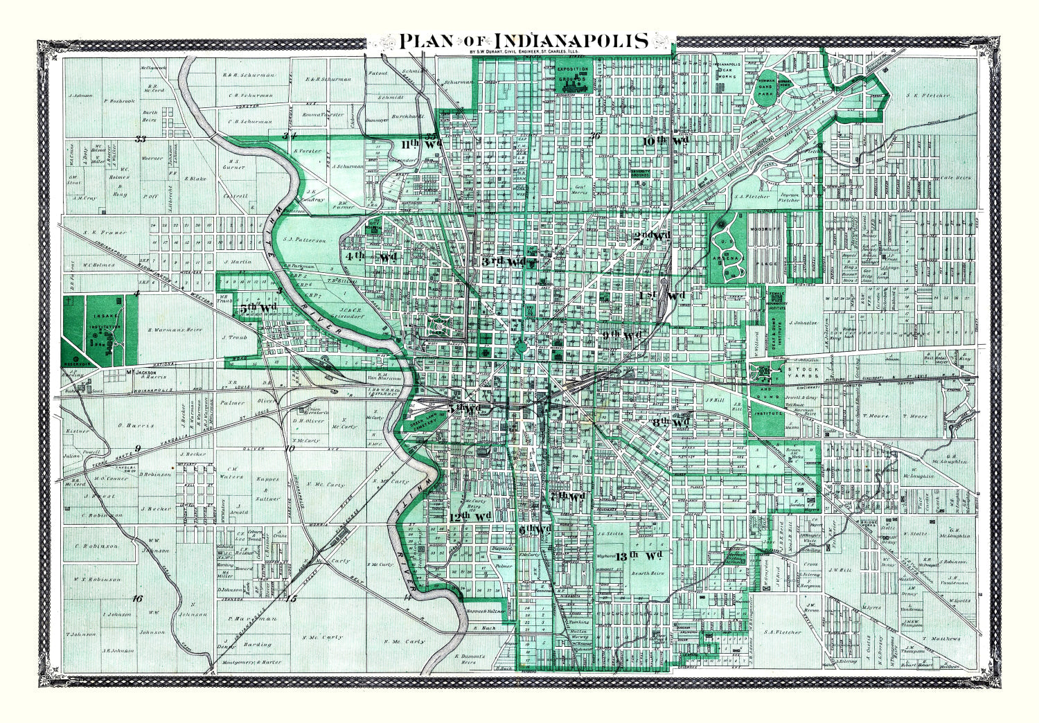 Vintage Map of Indianapolis, Indiana 1876