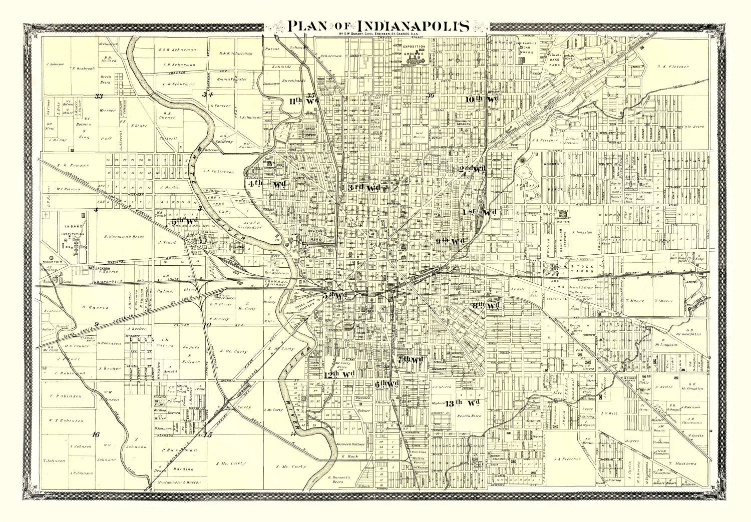 Vintage Map of Indianapolis, Indiana 1876